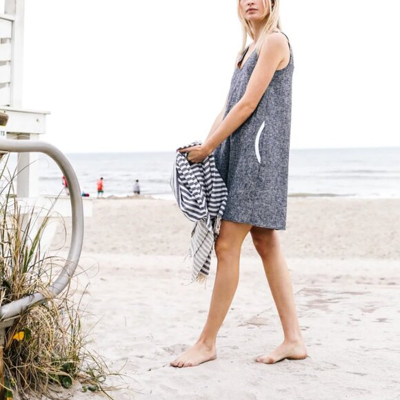 Made In The USA Linen Mini Shift Dress Boho Coastal Cowgirl Grandma Nautical - Picture 2 of 11